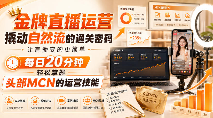 金牌直播运营撬动自然流的通关密码,让直播变的更简单,每日20分钟,轻松掌握头部MCN的运营技能-宇文网创