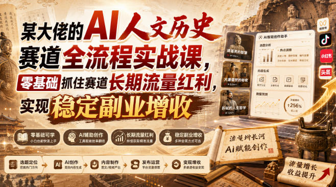 某大佬的AI人文历史赛道全流程实战课，零基础抓住赛道长期流量红利，实现稳定副业增收-宇文网创