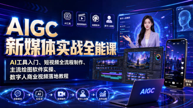 AIGC新媒体实战全能课|AI工具入门、短视频全流程制作、主流绘图软件实操、数字人商业视频落地教程-宇文网创