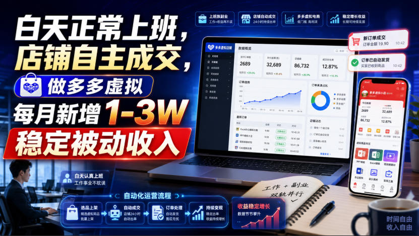 白天正常上班，店铺自主成交，做多多虚拟每月新增1-3W稳定被动收入【揭秘】-宇文网创