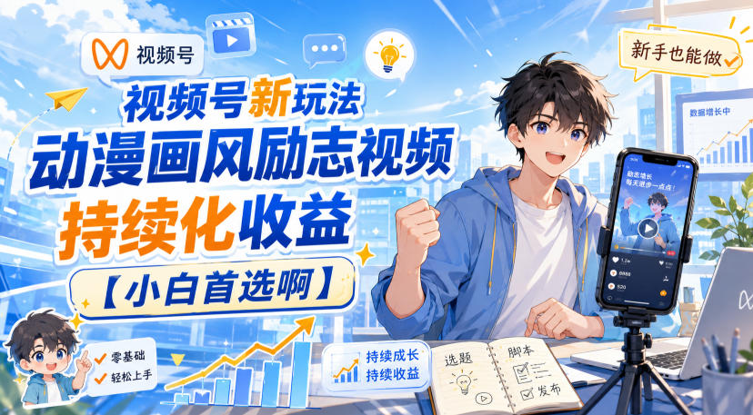 视频号新玩法动漫画风励志视频，持续化收益【小白首选啊】-宇文网创