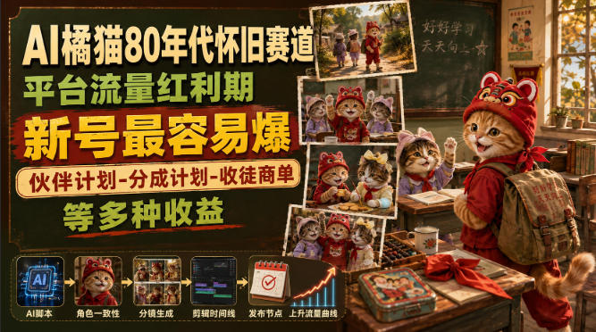 AI橘猫80年代怀旧赛道,平台流量红利期,新号最容易爆,伙伴计划-分成计划-收徒商单等多种收益-宇文网创