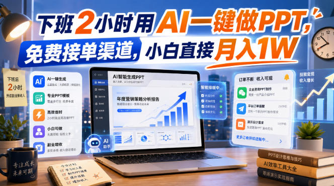 下班2小时用AI一键做PPT，免费接单渠道，小白直接月入1W【揭秘】-宇文网创