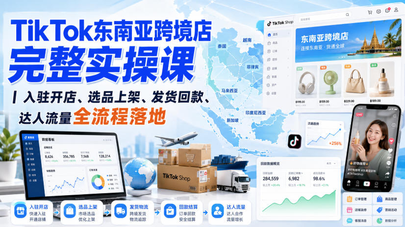 TikTok东南亚跨境店完整实操课｜入驻开店、选品上架、发货回款、达人流量全流程落地-宇文网创