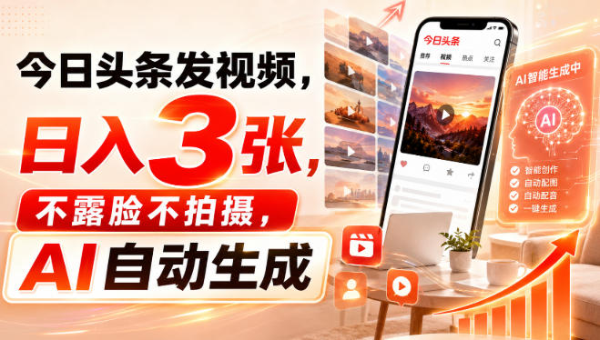 今日头条发视频,日入3张,不露脸不拍摄,AI自动生成-宇文网创