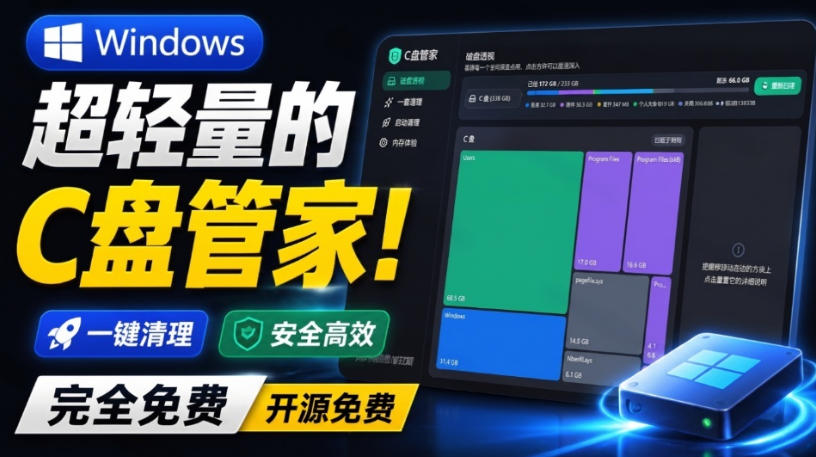 Windows超轻量的C盘管家!超级有特点,支持磁盘分析及清理提醒,2M大小体积,完全免费C盘管家-宇文网创