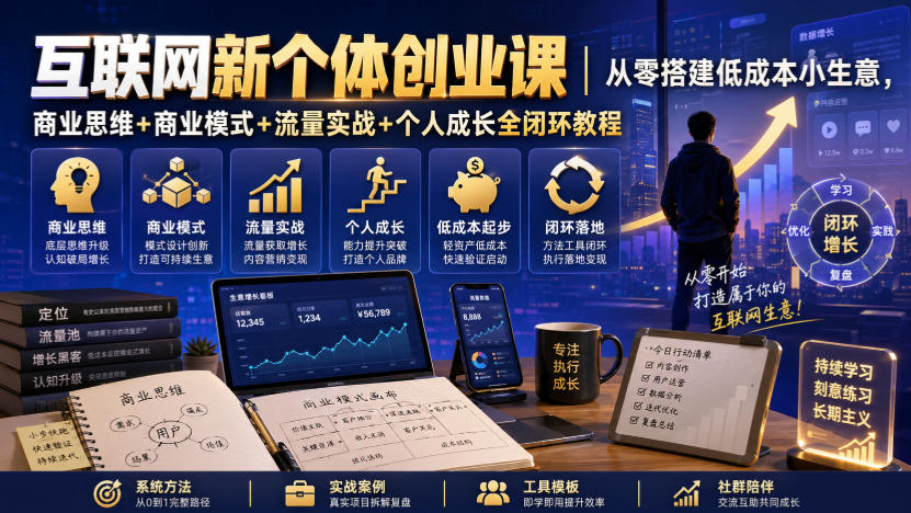 互联网新个体创业课｜从零搭建低成本小生意，商业思维+商业模式+流量实战+个人成长全闭环教程-宇文网创