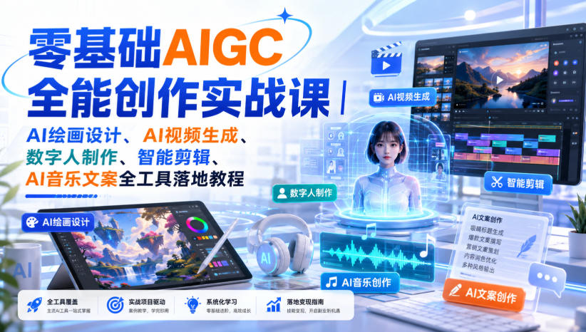 零基础AIGC全能创作实战课｜AI绘画设计、AI视频生成、数字人制作、智能剪辑、AI音乐文案全工具落地教程-宇文网创