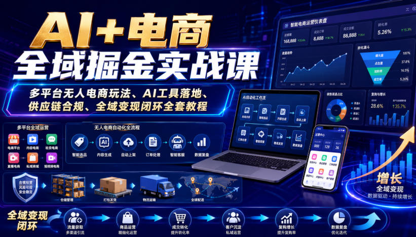 AI+电商全域掘金实战课｜多平台无人电商玩法、AI工具落地、供应链合规、全域变现闭环全套教程-宇文网创