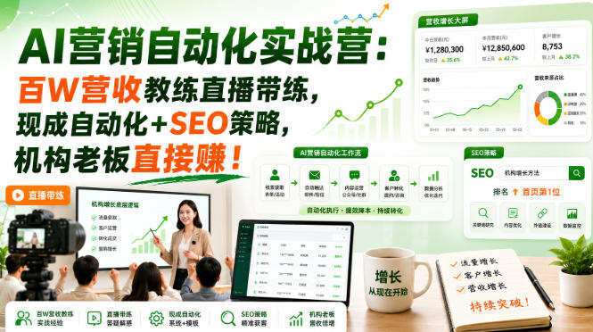 AI营销自动化实战营：百W营收教练直播带练，现成自动化+SEO策略，机构老板直接賺！【原创双语字幕】-宇文网创