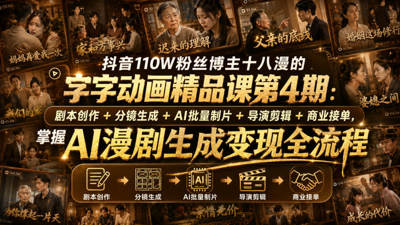 抖音110W粉丝博主十八漫的字字动画精品课第4期：剧本创作+分镜生成+剪辑+商业接单，掌握AI漫剧生成变现全流程-宇文网创