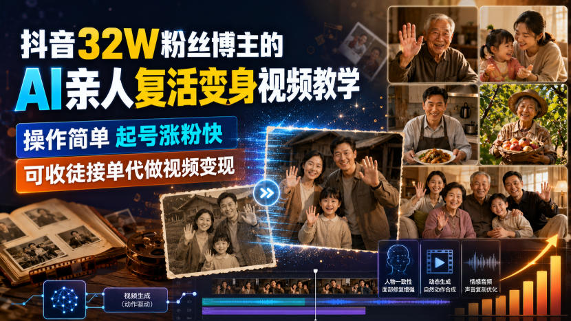 抖音32W粉丝博主的AI亲人复活变身视频教学,操作简单,起号涨粉快,可收徒接单代做视频变现-宇文网创