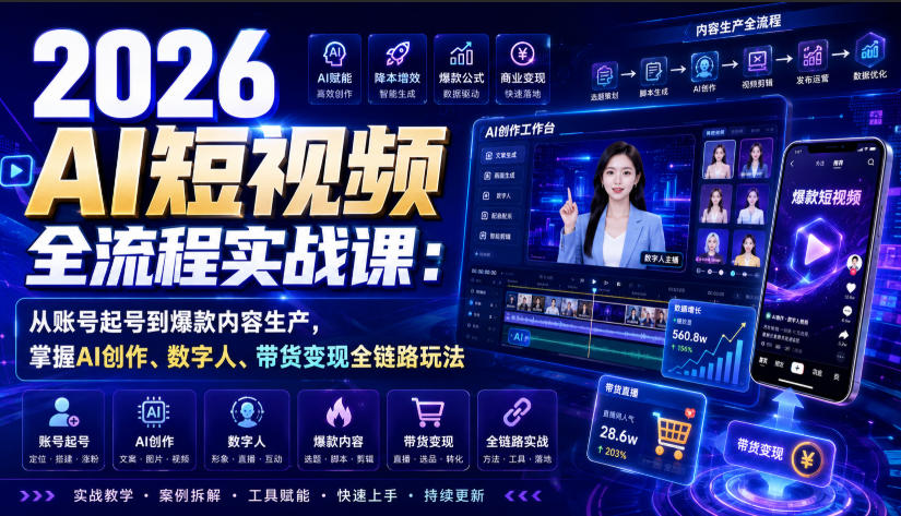 2026 AI短视频全流程实战课：从账号起号到爆款内容生产，掌握AI创作、数字人、带货变现全链路玩法-宇文网创