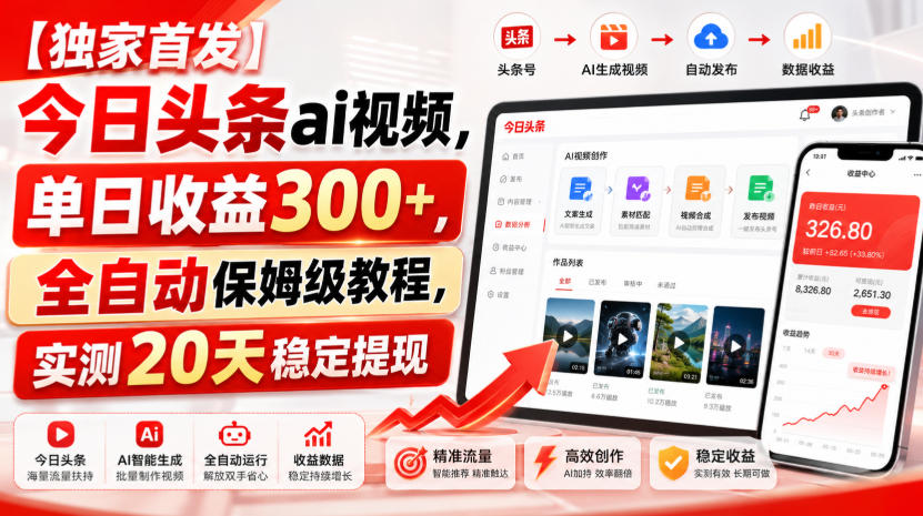 【独家首发】今日头条ai视频，单日收益300+，全自动保姆级教程，实测20天稳定提现【揭秘】-宇文网创