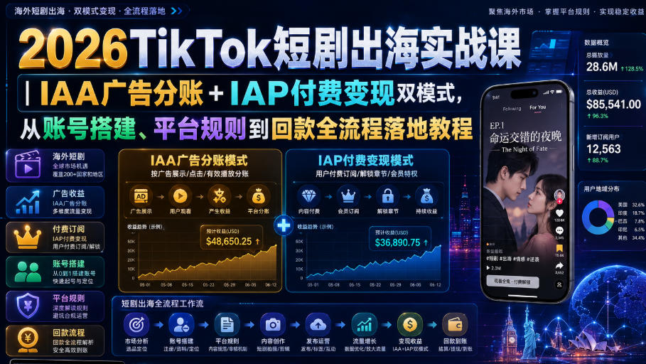 2026TikTok短剧出海实战课|IAA广告分账+IAP付费变现双模式,从账号搭建、平台规则到回款全流程落地教程-宇文网创