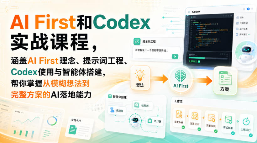 AI First和Codex实战课,涵盖AI First理念、提示词工程、Codex使用与智能体搭建,掌握从模糊想法到完整方案的AI落地能力-宇文网创