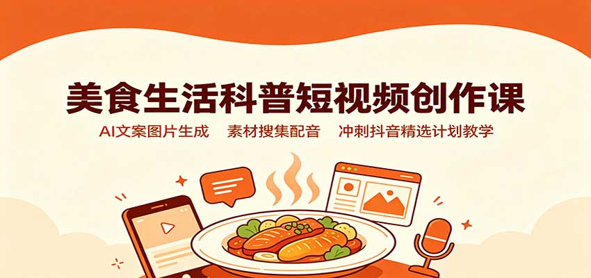 美食生活科普短视频创作课:AI文案图片生成,素材搜集配音,冲刺抖音精选计划教学-宇文网创