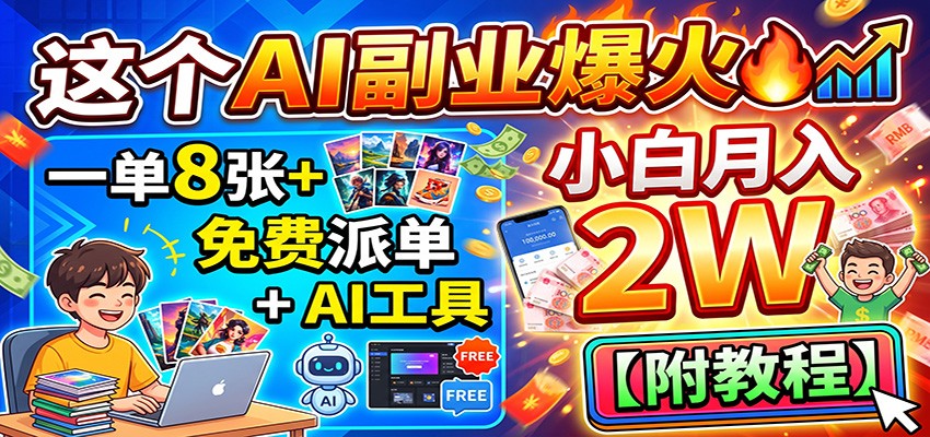 这个AI副业爆火!一单8张+,免费派单+AI工具,小白月入2W【附教程】-宇文网创