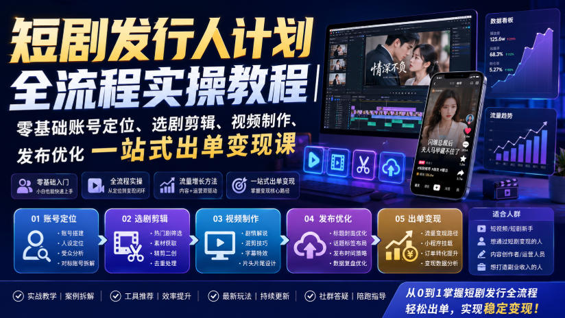短剧发行人计划全流程实操教程|零基础账号定位、选剧剪辑、视频制作、发布优化一站式出单变现课-宇文网创