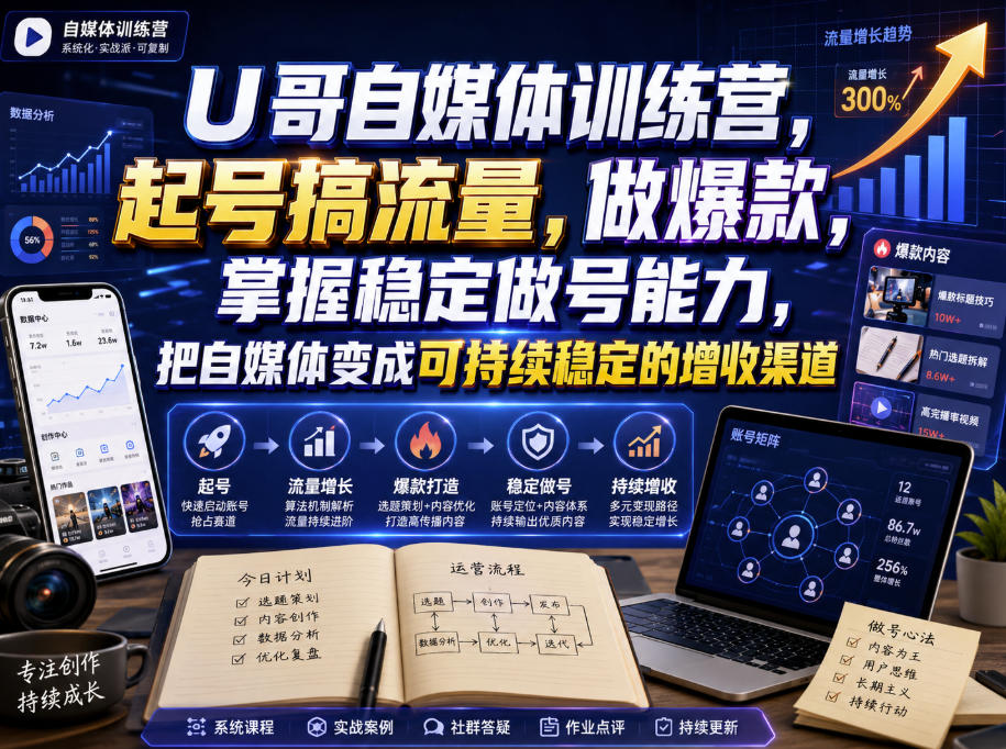 U哥自媒体训练营，起号搞流量，做爆款，掌握稳定做号能力，把自媒体变成可持续稳定的增收渠道-宇文网创
