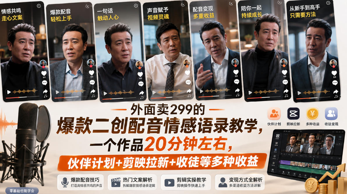 外面卖299的爆款二创配音情感语录教学,一个作品20分钟左右,伙伴计划+剪映拉新+收徒等多种收益-宇文网创