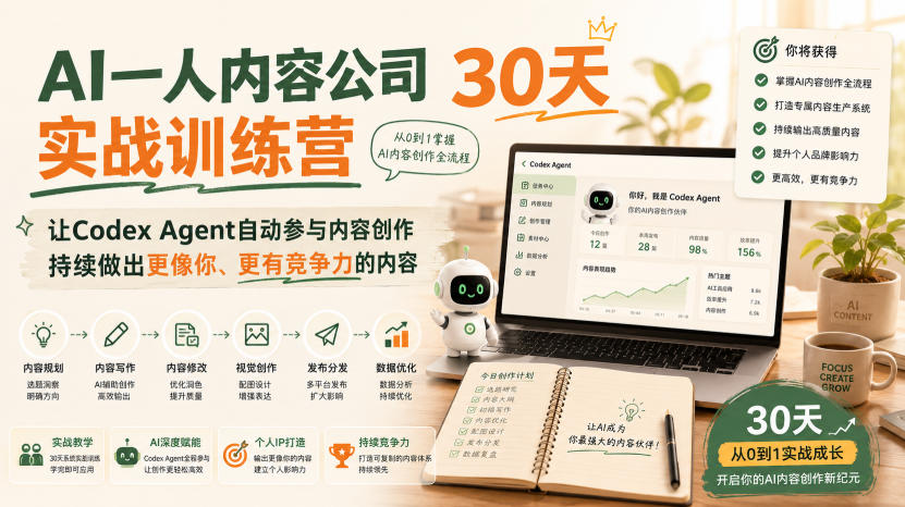 AI一人内容公司30天实战训练营,让Codex Agent自动参与内容创作持续做出更像你、更有竞争力的内容-宇文网创