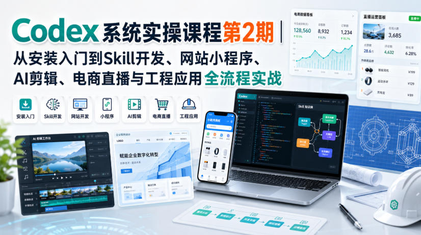 Codex系统实操课程第2期｜从安装入门到Skill开发、网站小程序、AI剪辑、电商直播与工程应用全流程实战-宇文网创