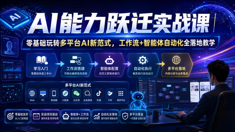 AI能力跃迁实战课｜零基础玩转多平台AI新范式，工作流+智能体自动化全落地教学-宇文网创