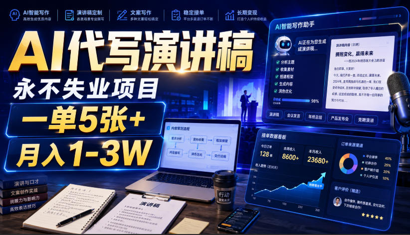 AI代写演讲稿，永不失业项目，一单5张+，月入1-3W【揭秘】-宇文网创