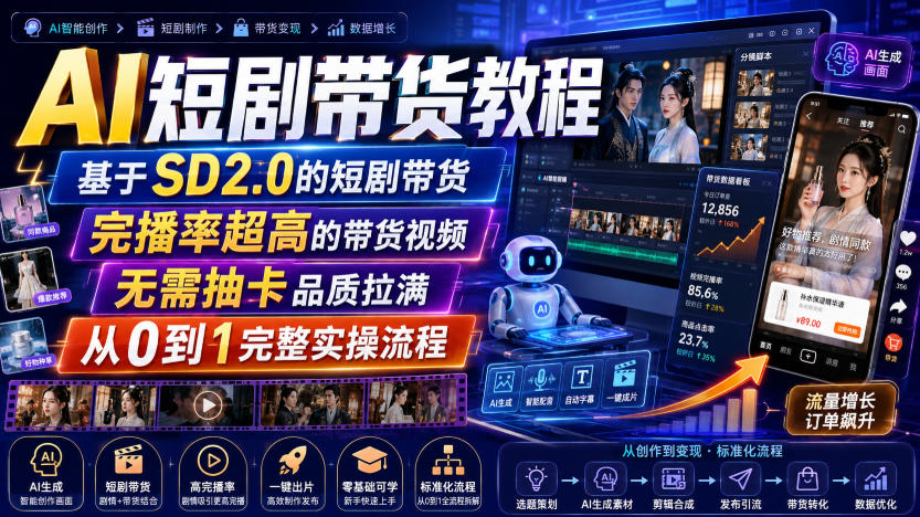 AI短剧带货教程,基于SD2.0的短剧带货,完播率超高的带货视频,无需抽卡品质拉满,从0到1完整实操流程-宇文网创