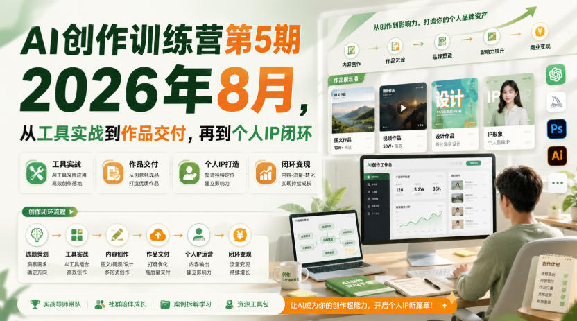 AI创作训练营第5期2026年8月，从工具实战到作品交付，再到个人IP闭环-宇文网创