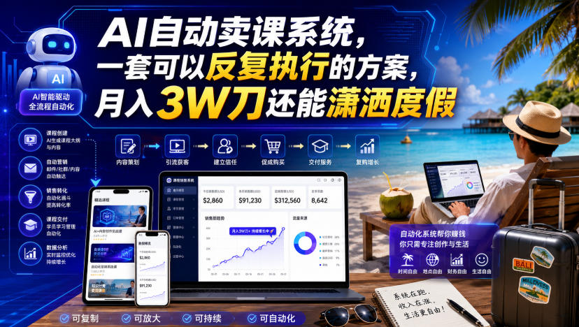 AI自动卖课系统,一套可以反复执行的方案,月入3W刀还能潇洒度假【原创双语字幕】-宇文网创