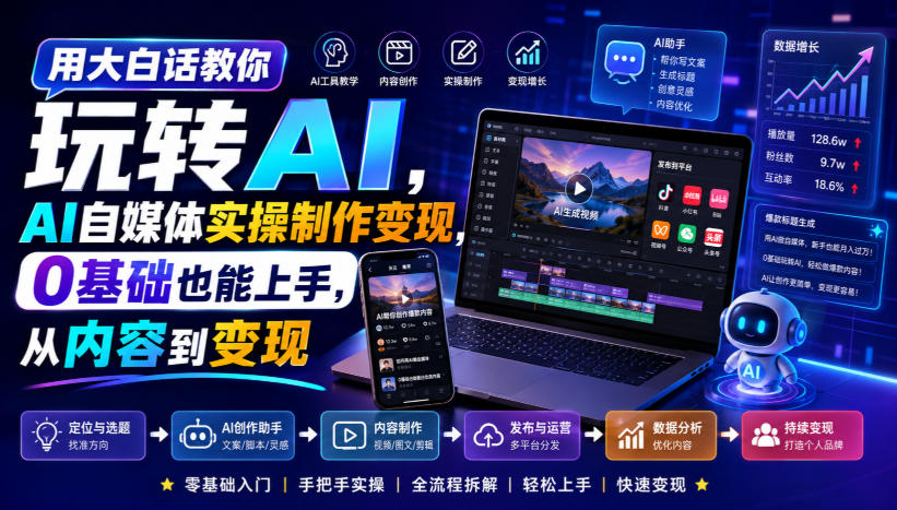 用大白话教你玩转AI,AI自媒体实操制作变现,0基础也能上手,从内容到变现-宇文网创
