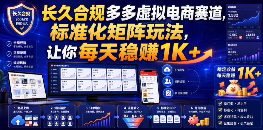 长久合规多多虚拟电商赛道，标准化矩阵玩法，让你每天稳賺1K+【揭秘】-宇文网创