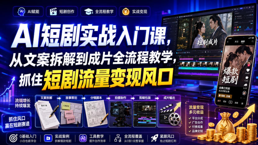 AI短剧实战入门课，从文案拆解到成片全流程教学，抓住短剧流量变现风口-宇文网创