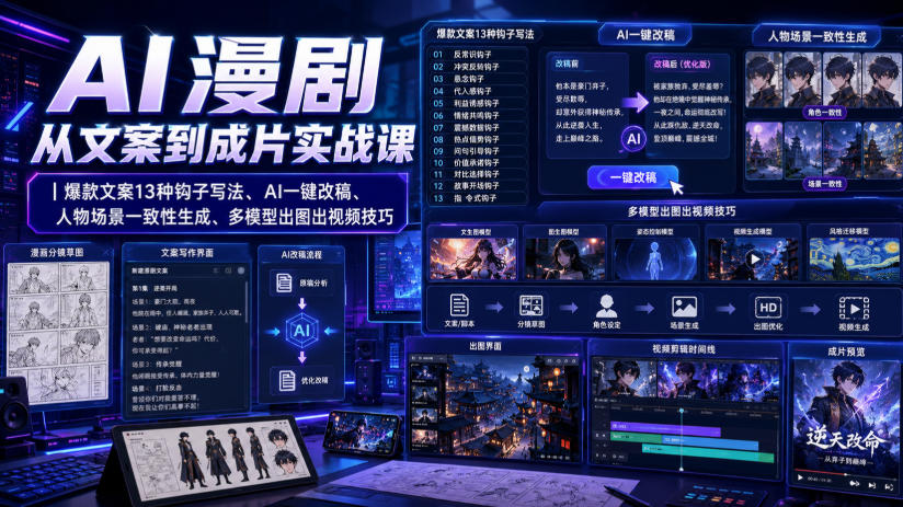 AI漫剧从文案到成片实战课｜爆款文案13种钩子写法、AI一键改稿、人物场景一致性生成、多模型出图出视频技巧-宇文网创