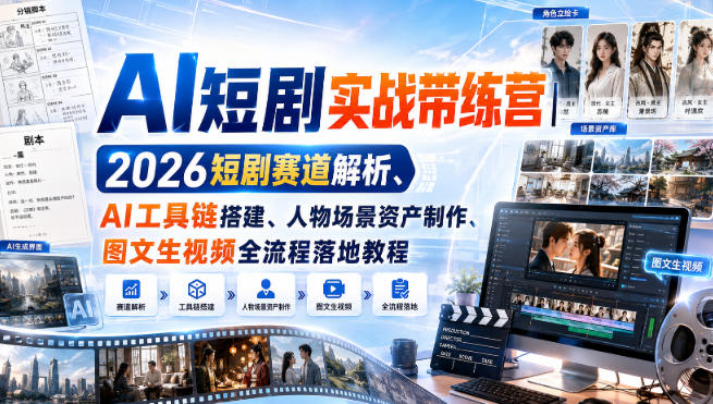 AI短剧实战带练营|2026短剧赛道解析、AI工具链搭建、人物场景资产制作、图文生视频全流程落地教程-宇文网创