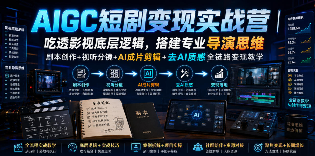 AIGC短剧变现实战营|吃透影视底层逻辑,搭建专业导演思维,剧本创作+视听分镜+AI成片剪辑+去AI质感全链路变现教学-宇文网创