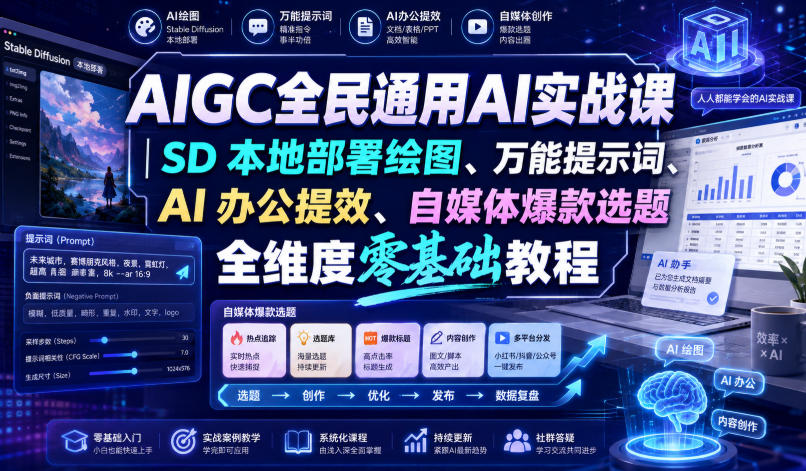 AIGC全民通用AI实战课|SD本地部署绘图、万能提示词、AI办公提效、自媒体爆款选题全维度零基础教程-宇文网创