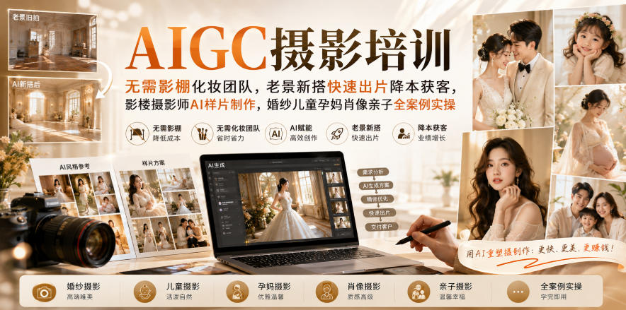 AIGC摄影培训|无需影棚化妆团队,老景新搭快速出片降本获客,影楼摄影师AI样片制作,婚纱儿童孕妈肖像亲子全案例实操-宇文网创