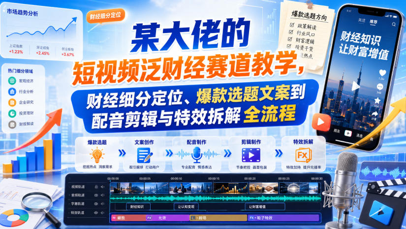 某大佬的短视频泛财经赛道教学，财经细分定位、爆款选题文案到配音剪辑与特效拆解全流程-宇文网创