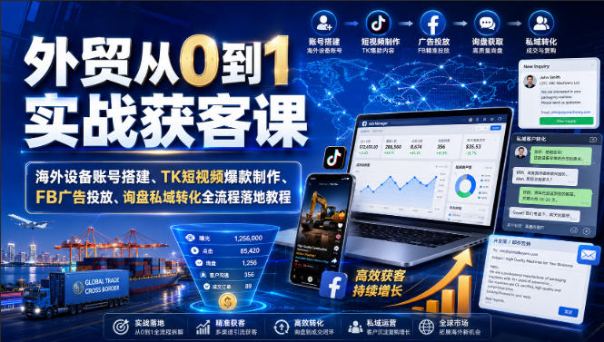 外贸从0到1实战获客课|海外设备账号搭建、TK短视频爆款制作、FB广告投放、询盘私域转化全流程落地教程-宇文网创