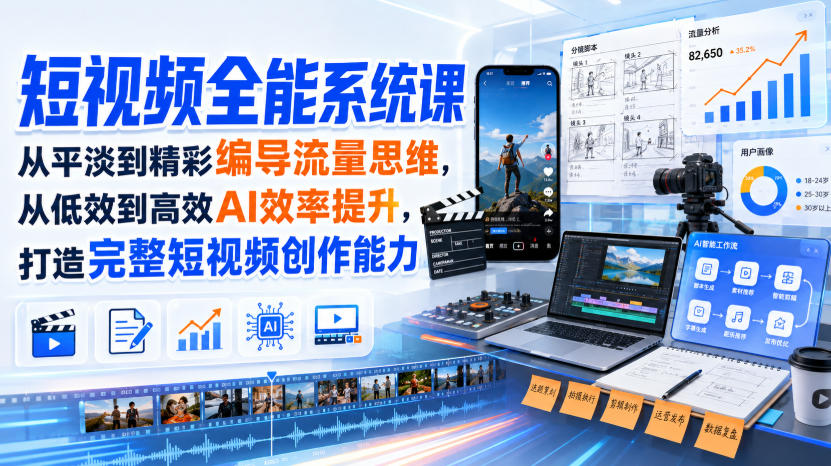 短视频全能系统课,从平淡到精彩编导流量思维,从低效到高效AI效率提升,打造完整短视频创作能力(2026年8月30更新233集)-宇文网创