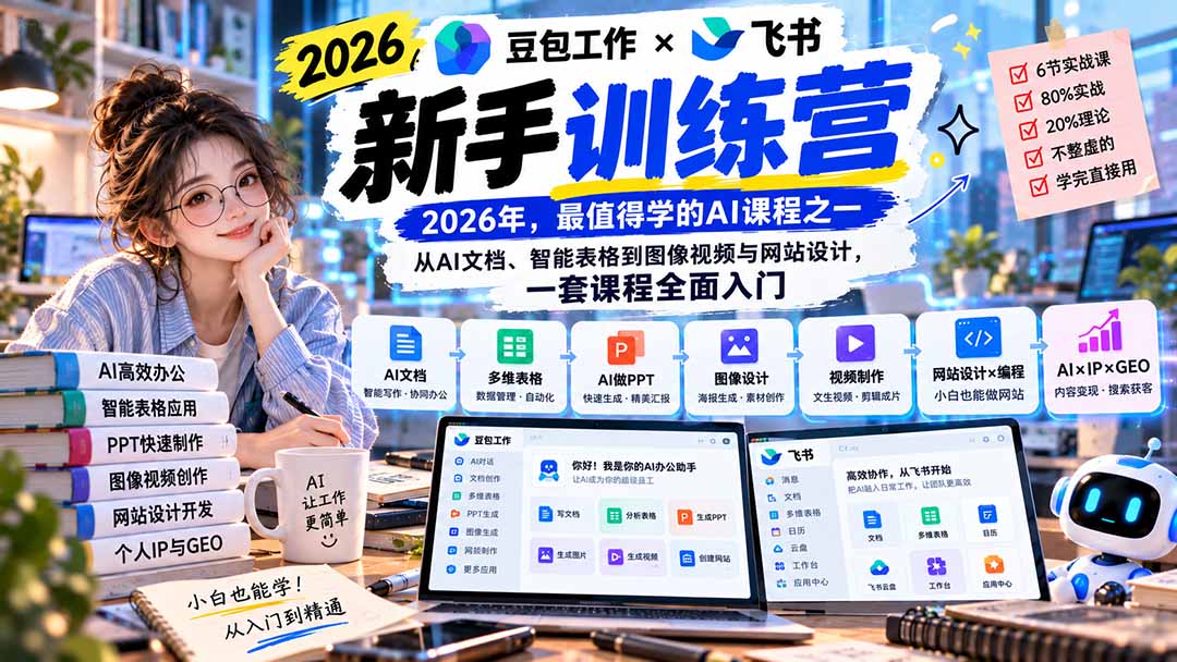 （20645期）2026豆包工作+飞书新手训练营-9月新课：从AI文档、智能表格到图像视频与网站设计，一套课程全面入门-宇文网创