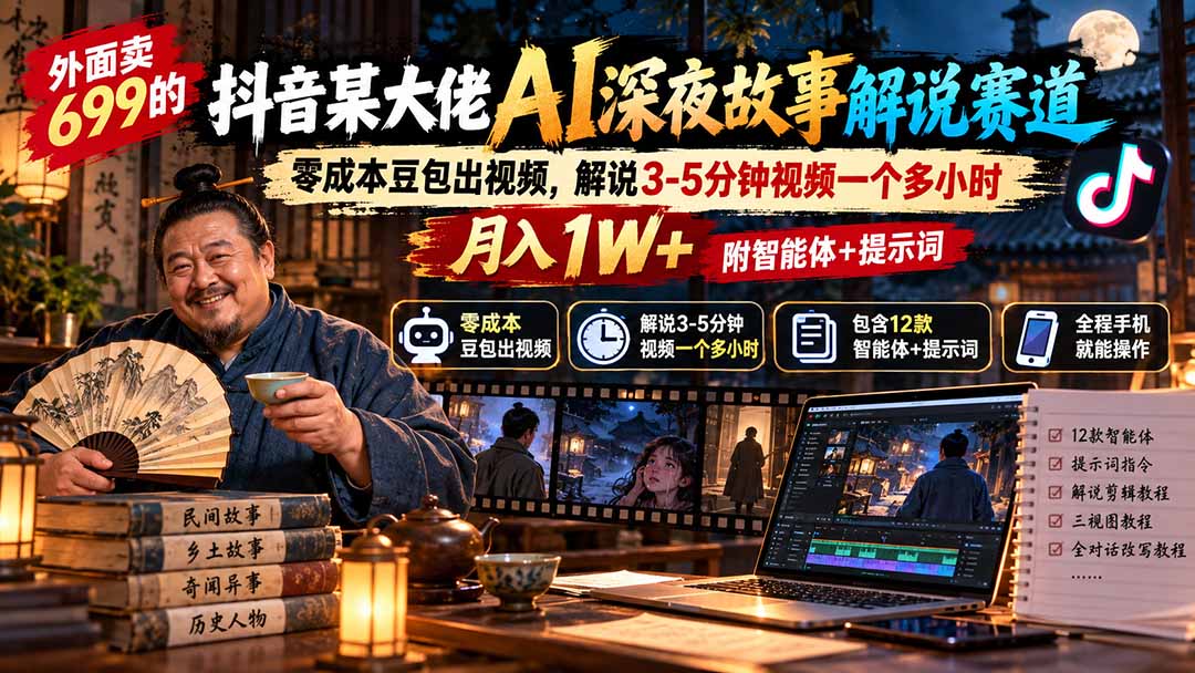 （20648期）外面卖699的抖音某大佬AI深夜故事解说赛道：零成本豆包出视频，解说3-5分钟视频一个多小时，月入1W+附智能体+提示词-宇文网创