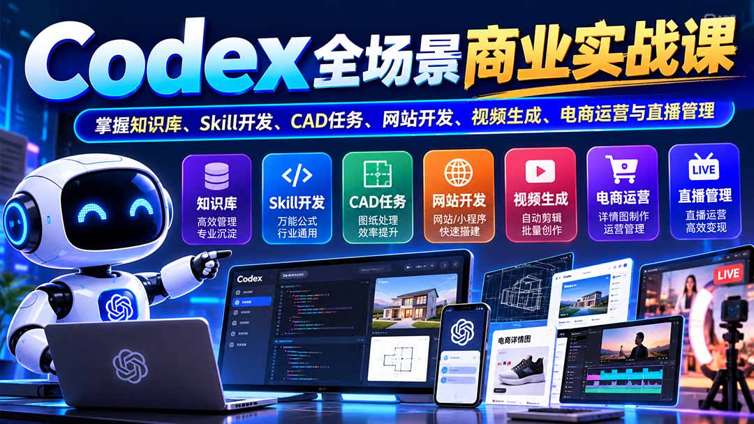 (20712期)【无水印】Codex全场景商业实战课:掌握知识库、Skill开发、CAD任务、网站开发、视频生成、电商运营与直播管理-宇文网创