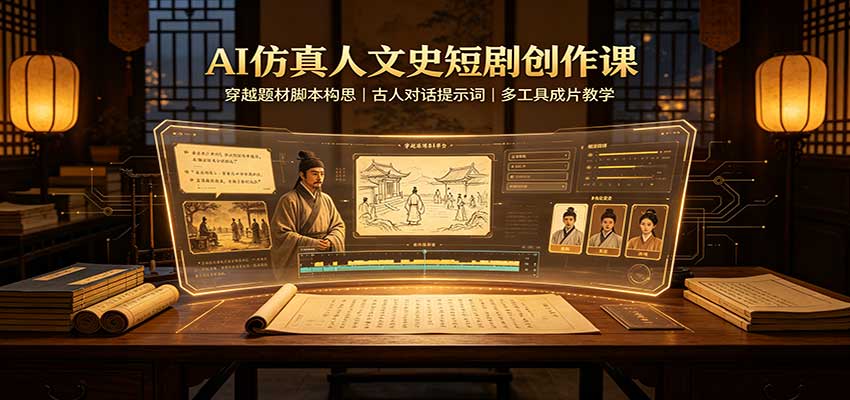 AI仿真人文史短剧创作课:穿越题材脚本构思,古人对话提示词,多工具成片教学-宇文网创