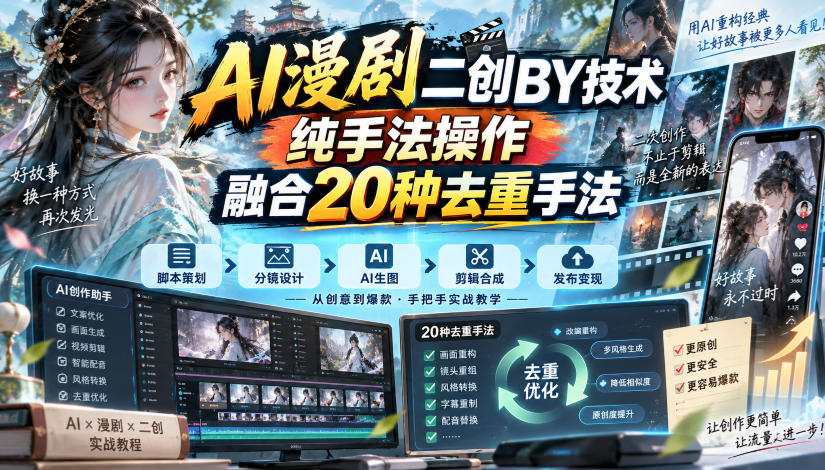 AI漫剧二创搬运技术，纯手法操作，融合20种去重手法-宇文网创