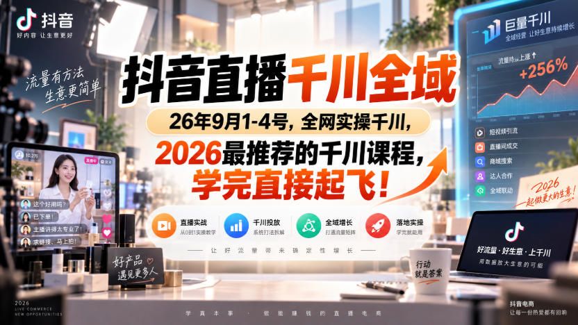 抖音直播千川全域26年9月1-4号,全网实操千川,2026最推荐的千川课程,学完直接起飞!-宇文网创