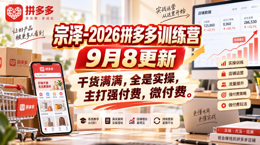 宗泽-2026拼多多训练营9月8更新,干货满满,全是实操,主打强付费,微付费-宇文网创